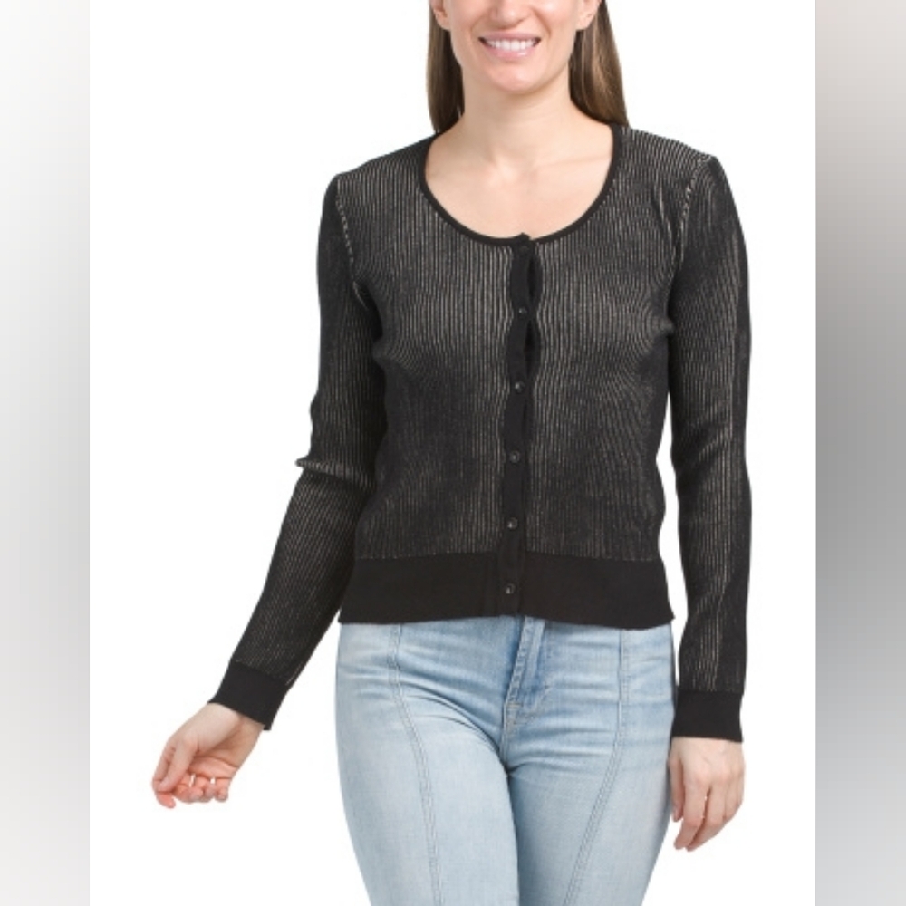 NWT - Rain + Rose Black & Beige Ribbed Crew Neck Cardigan - Size L